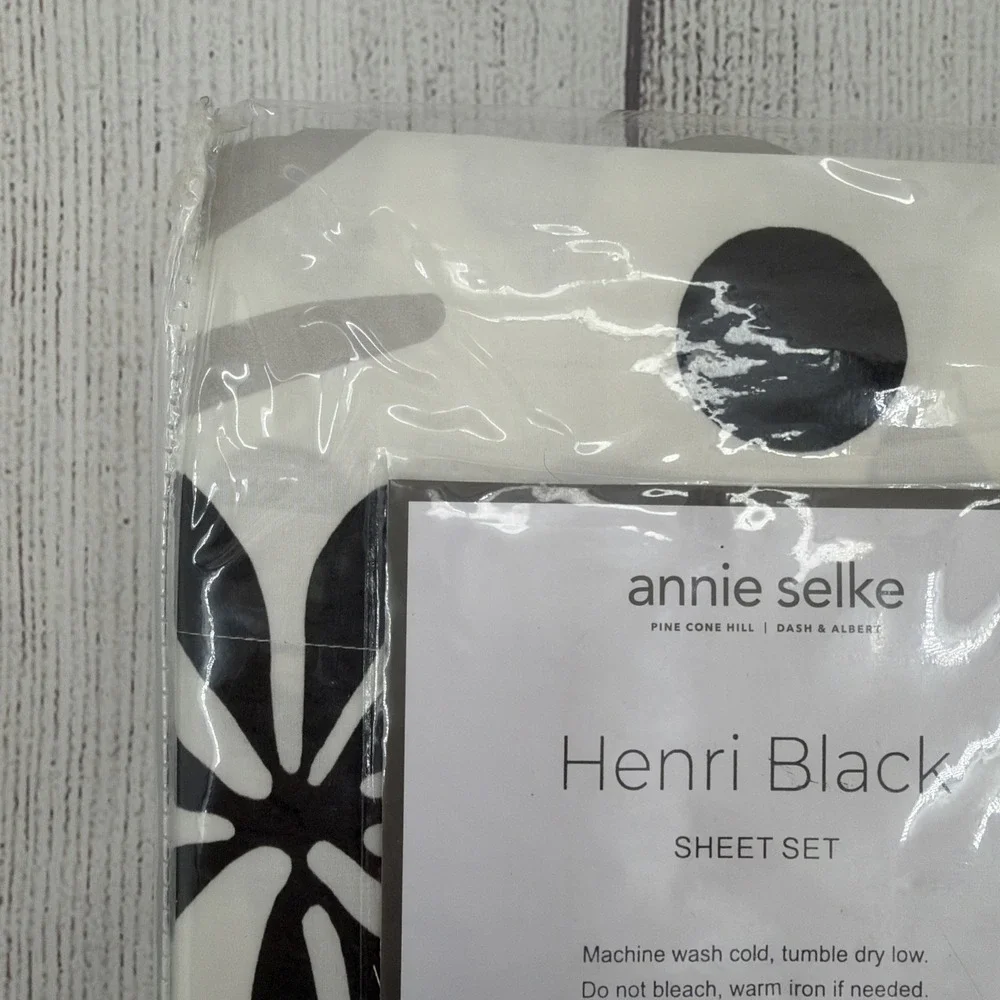 Annie Selke Sheet Set FULL Henri Black White Gray Floral 100% Cotton Abstract